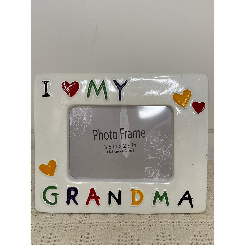 I Love My Grandma Ceramic Photo Frame White Colorful Hearts 2.5 x 3.5 Photo